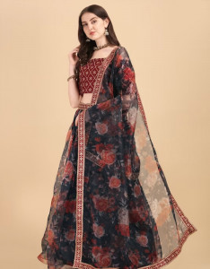 Blue & Brown Printed Semi-Stitched Lehenga & Unstitched Blouse With Dupatta