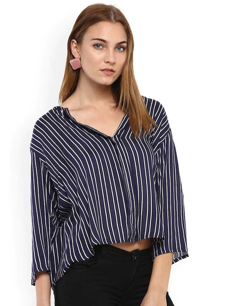 Navy Blue Striped A-Line Top