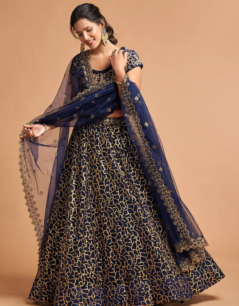 Navy Blue & Gold-Toned Embroidered Kalamkari Semi-Stitched Lehenga & Unstitched Blouse With Dupatta