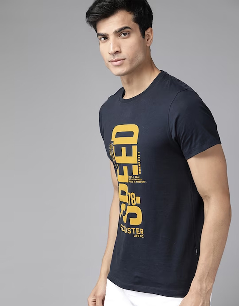 Men Navy Blue & Mustard Yellow Printed Cotton Round Neck T-shirt