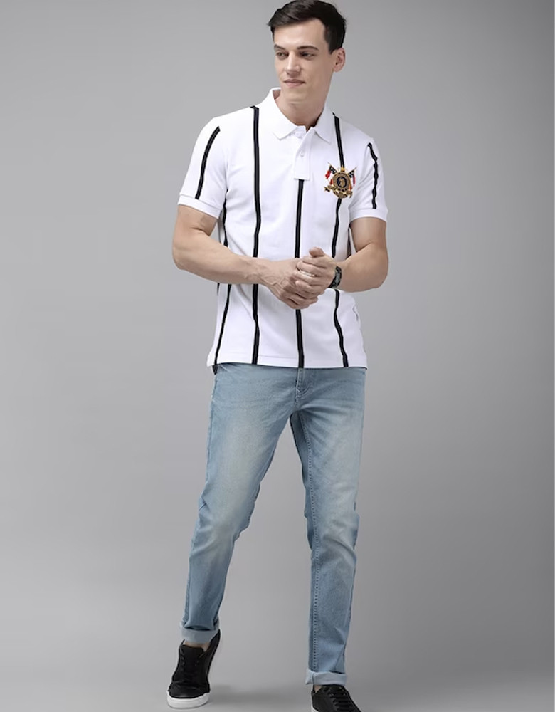 U S Polo Assn Men White & Black Striped Polo Collar Pure Cotton Slim Fit T-shirt