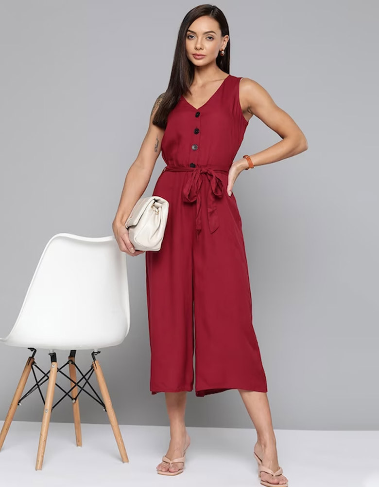 Maroon Solid Culotte Jumpsuit with Belt