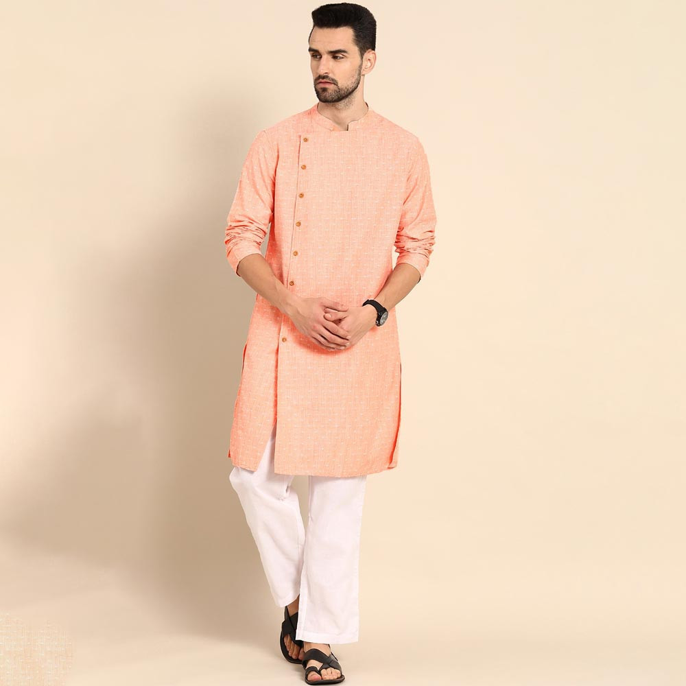 Men Peach-Coloured & White Woven Design Pure Cotton Angrakha Kurta with Trousers