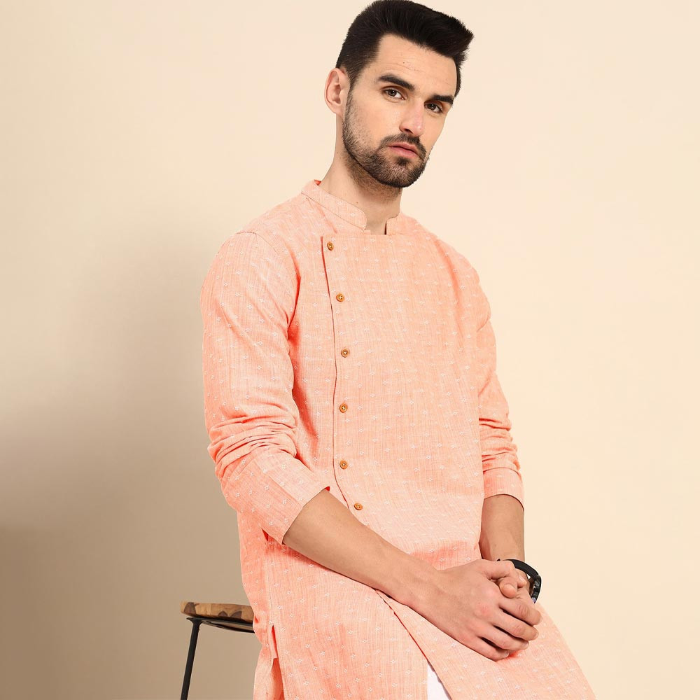 Men Peach-Coloured & White Woven Design Pure Cotton Angrakha Kurta with Trousers