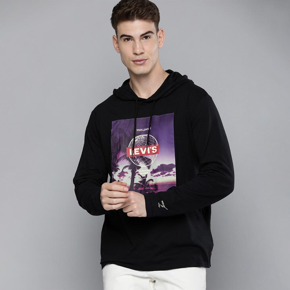 Men Black Graphic Printed Slim Fit Pure Cotton Pullover Hooded Sweatshirt