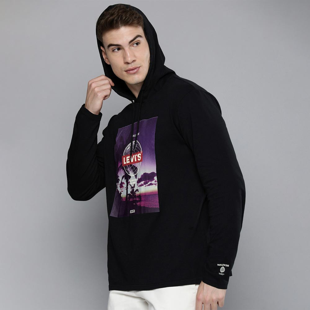 Men Black Graphic Printed Slim Fit Pure Cotton Pullover Hooded Sweatshirt