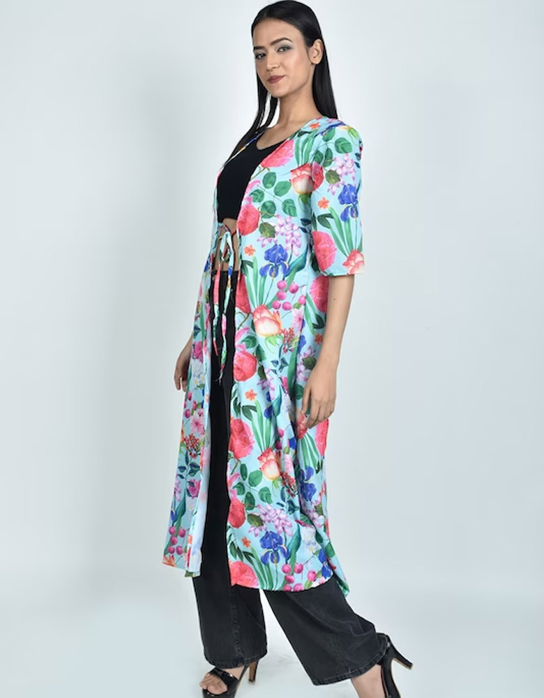 Women Printed Longline Tie-Up Shrug