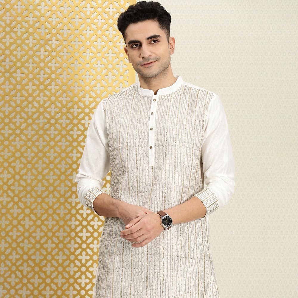 Men White & Gold-Toned Striped Jashn Straight Kurta