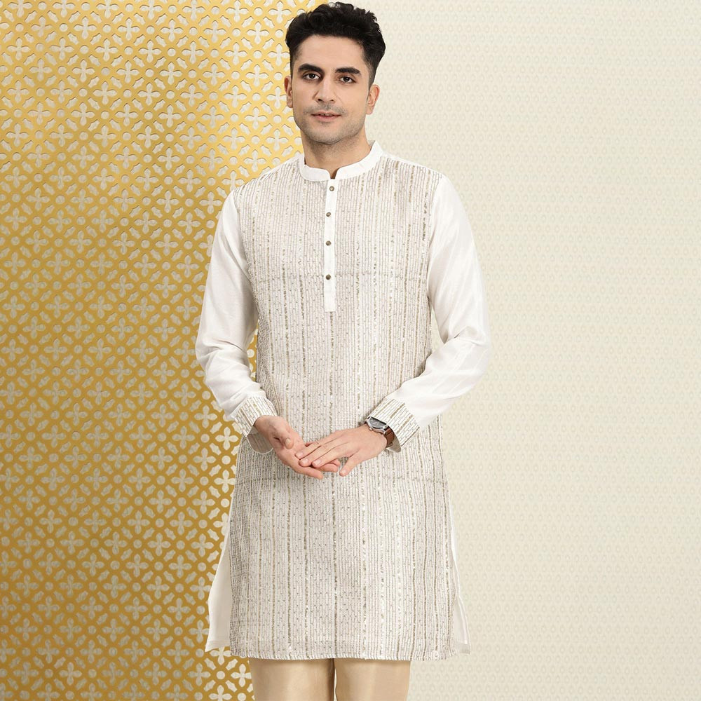 Men White & Gold-Toned Striped Jashn Straight Kurta