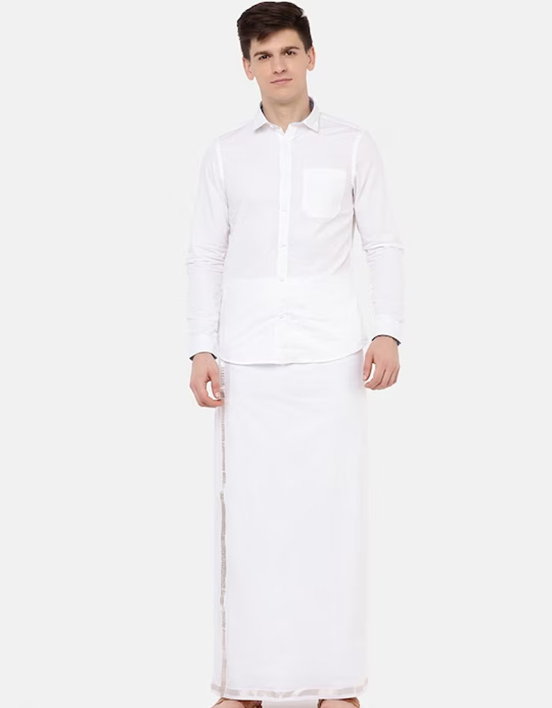 Men White Pure Cotton Double Layer Dhoti With Silver Zari Border