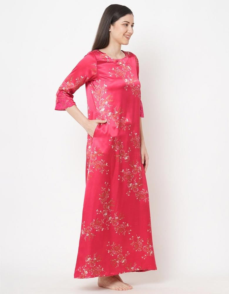 Women Red Printed Maxi Nightdress