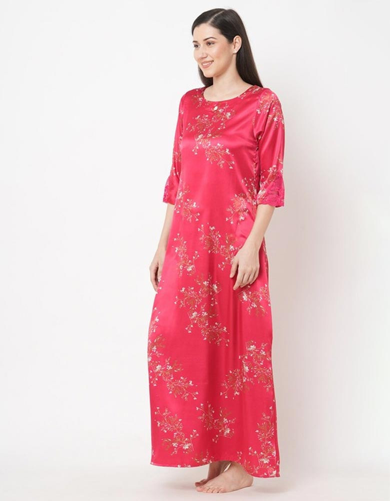 Women Red Printed Maxi Nightdress