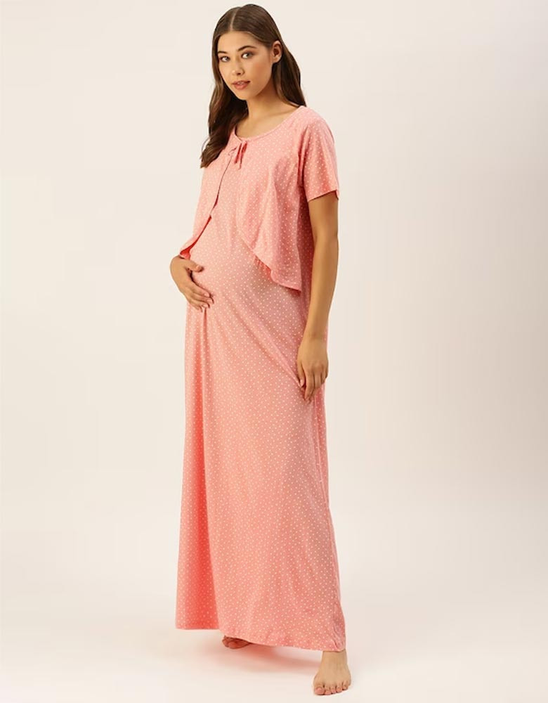 Peach-Coloured Polka Dot Print Bow Detail Layered Cotton Maxi Maternity Nightdress