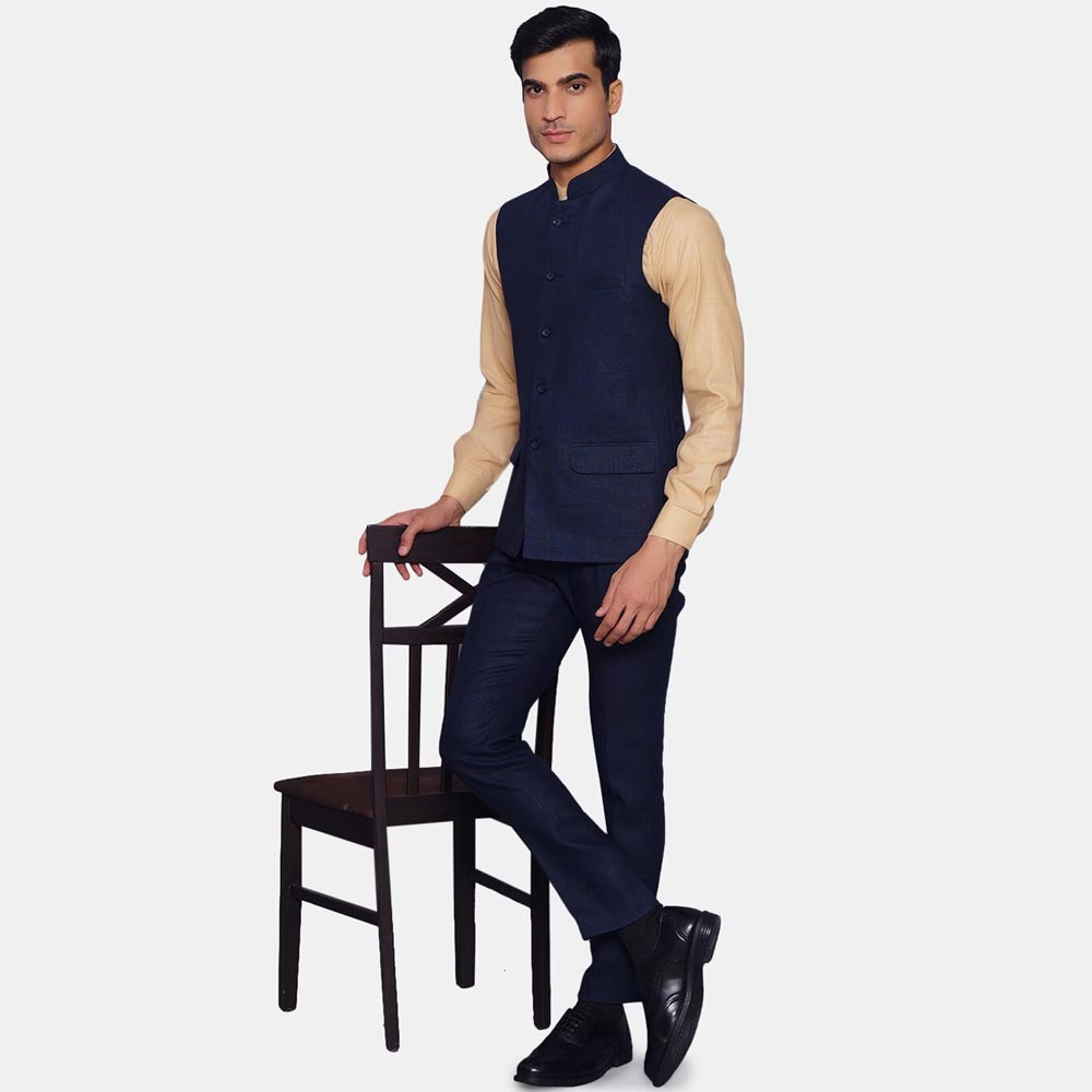 Men Navy Blue Solid Linen Bandhgala Formal Suit