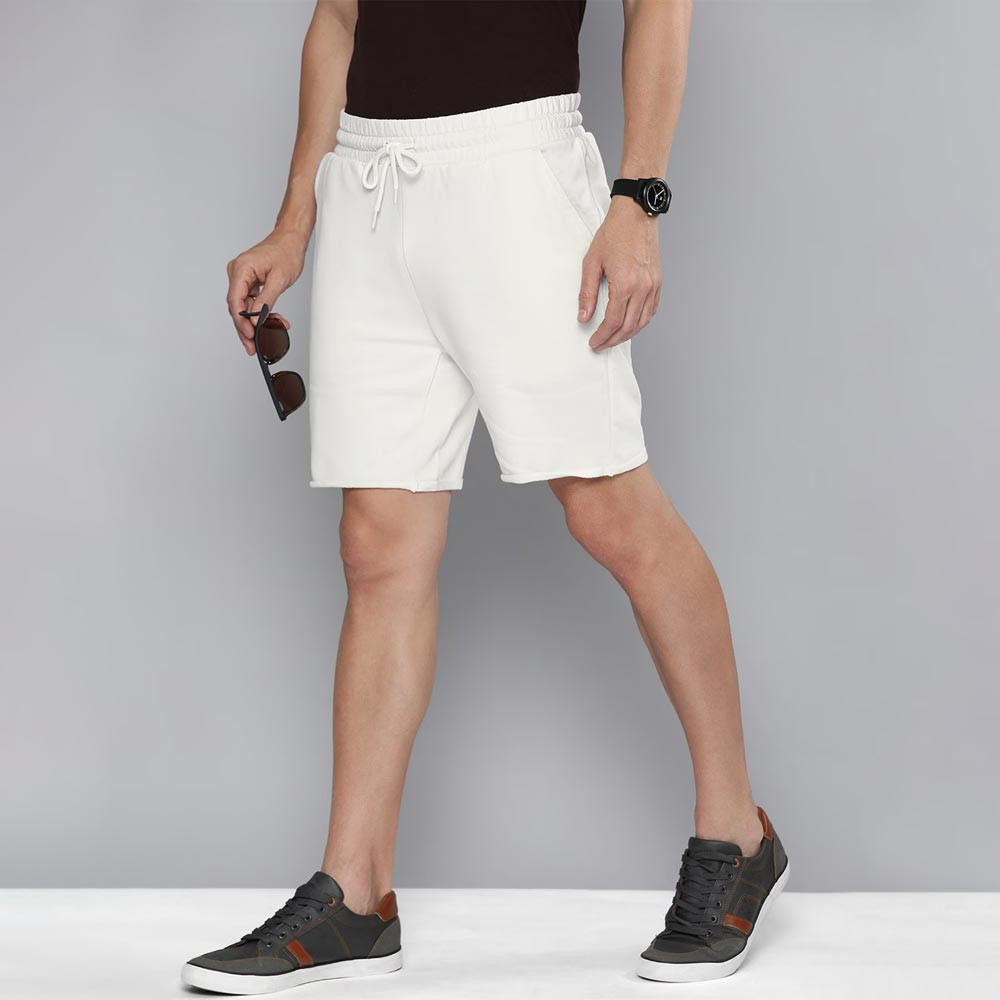 Men White Solid Mid Rise Above Knee Length Regular Shorts