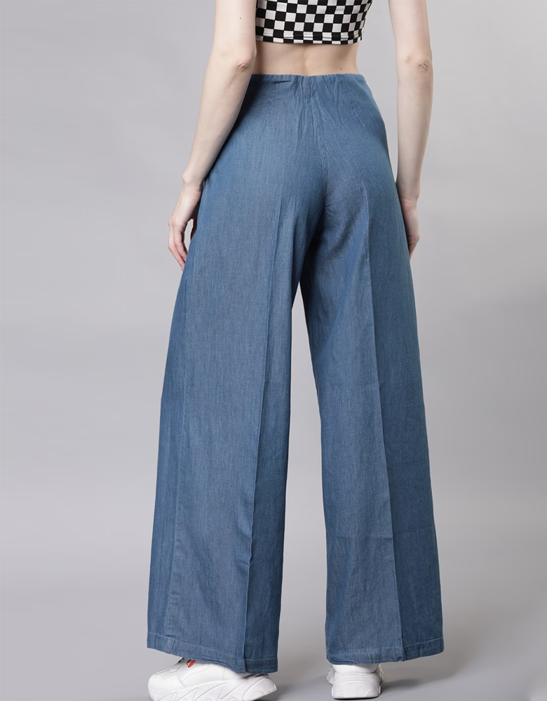 Women Blue Solid Denim Wide Leg Palazzos