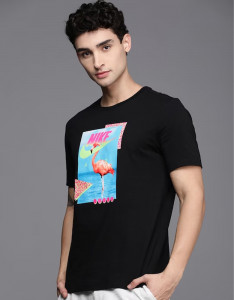 Men Black Printed Pure Cotton Applique AS M NSW TEE BEACH FLAMINGO FS T-shirt