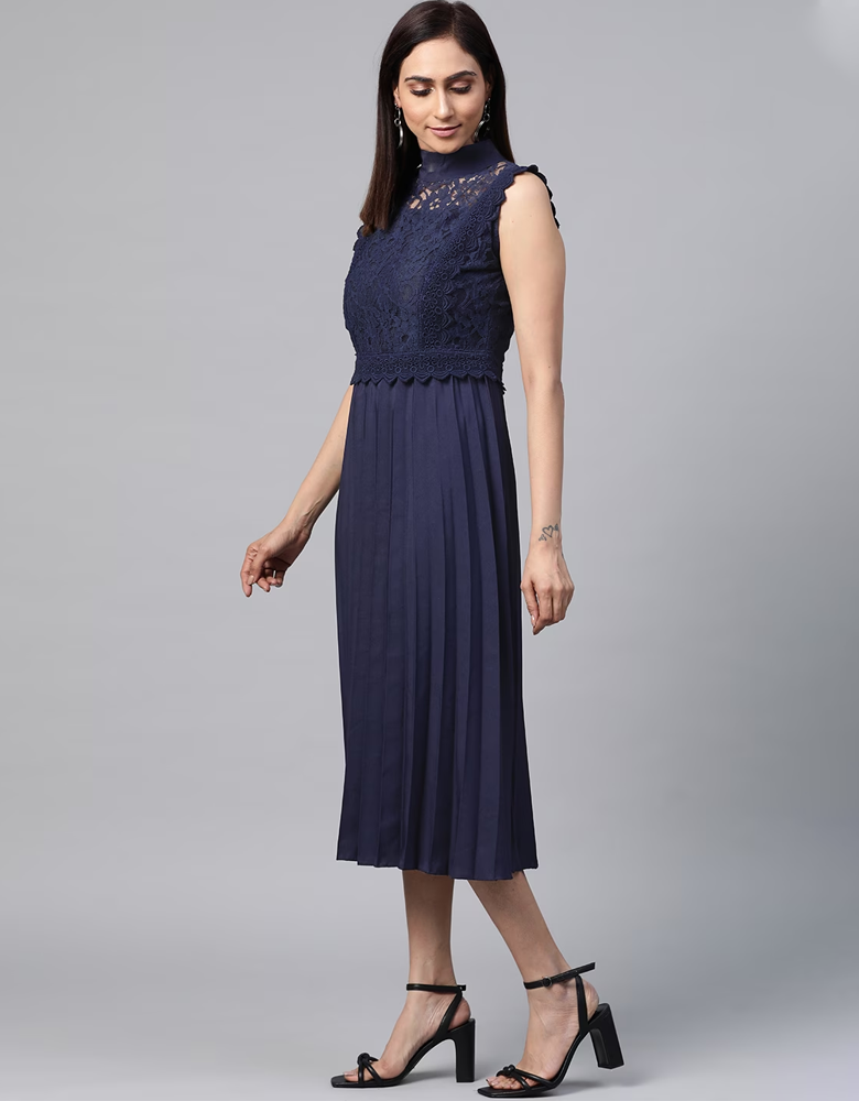 Women Navy Blue Lace Detail Accordion Pleated A-Line Dress