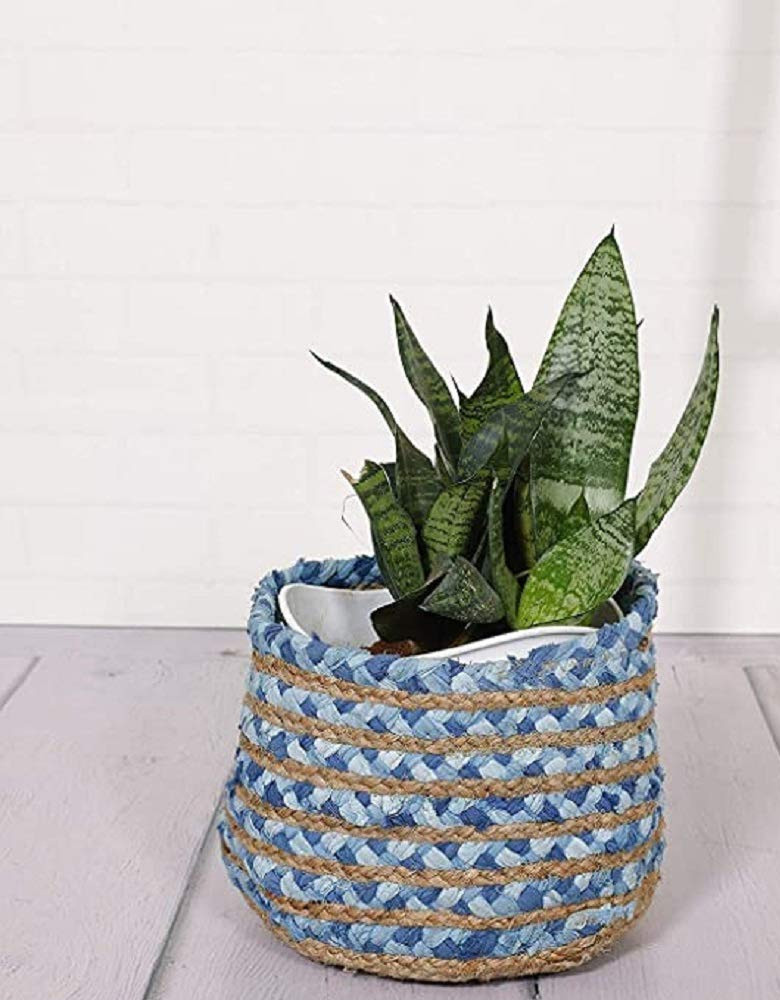 Home Beautiful Decor Jute & Chindi Basket, Handcrafted Woven Storage Planter Basket for Home Dé0cor, Multi-Purpose Bag for Living Room Bathroom Office 10x12 Inch (Jute Denim Basket)