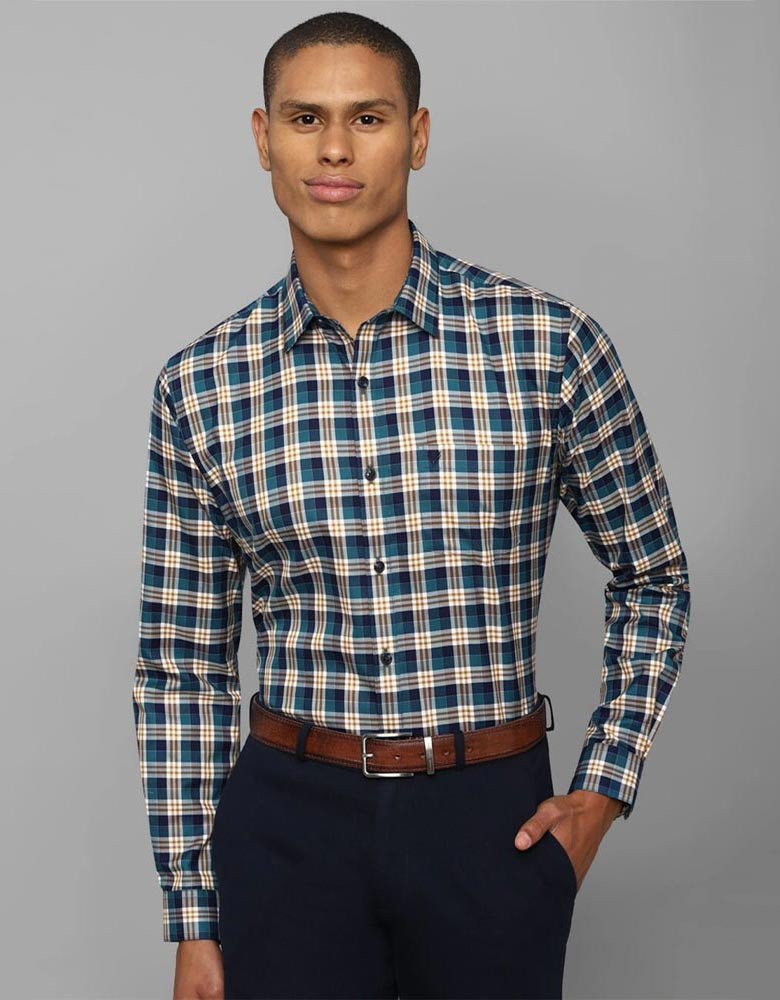 Men Beige Slim Fit Checked Cotton Formal Shirt