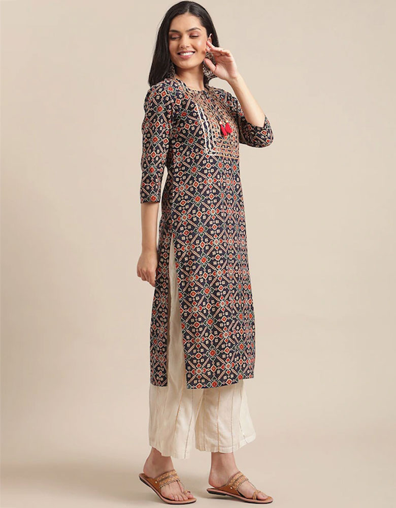 Women Navy Blue & Beige Ethnic Motifs Printed Keyhole Neck Gotta Patti Kurta