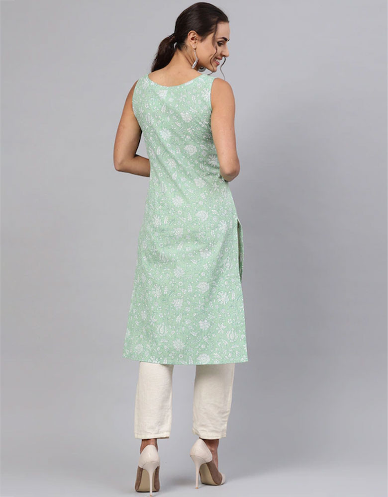 Women Green & White Floral Printed Straight Kurta