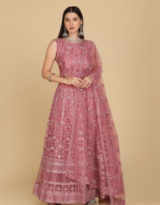 Pink Embroidered Thread Work Semi-Stitched Lehenga Choli