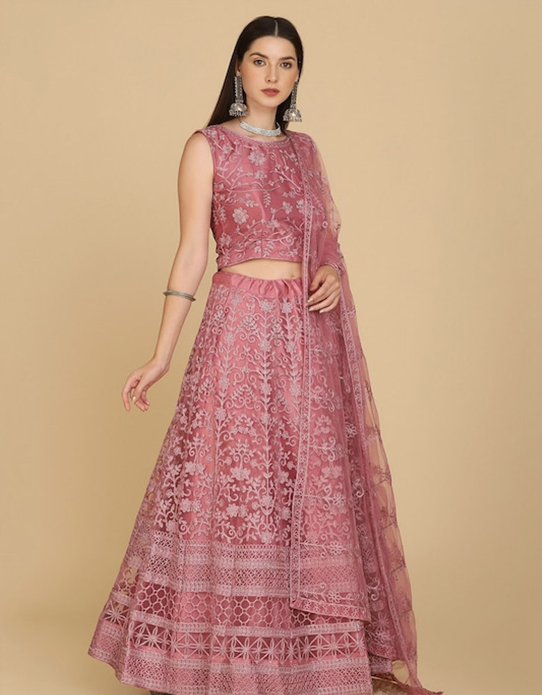 Pink Embroidered Thread Work Semi-Stitched Lehenga Choli