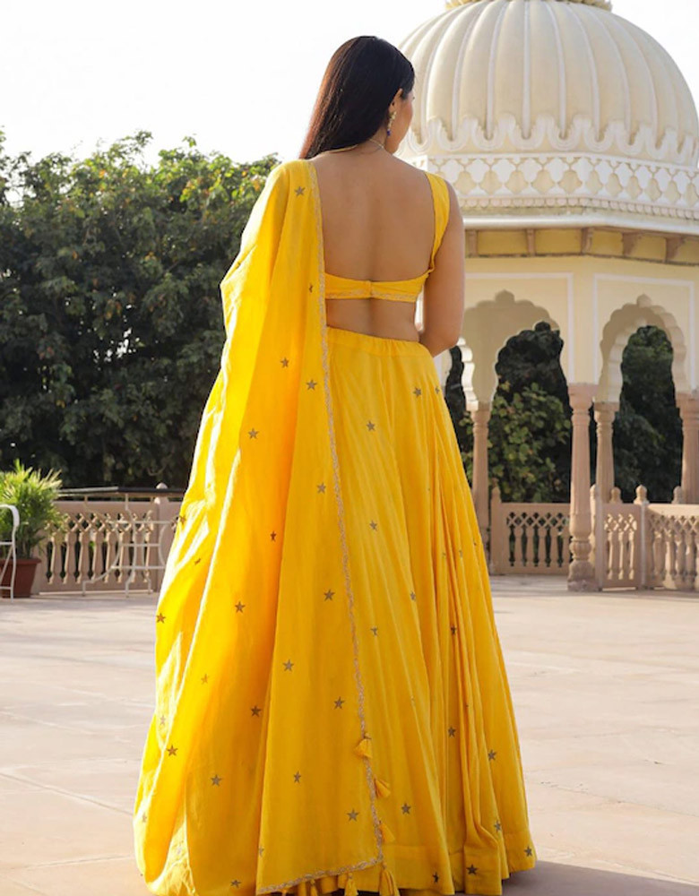 Yellow & Gold-Toned Embroidered Block Print Lehenga Choli With Dupatta