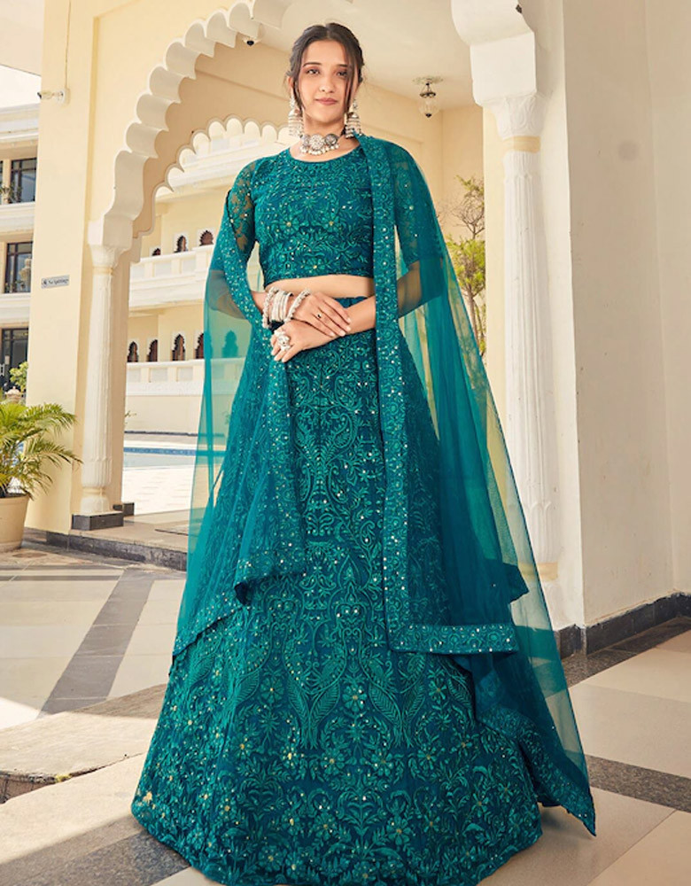 Blue Embellished Sequinned Semi-Stitched Lehenga & Unstitched Blouse With Dupatta