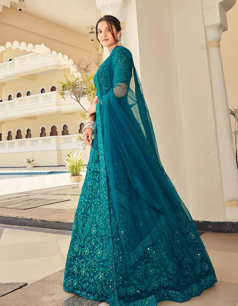 Blue Embellished Sequinned Semi-Stitched Lehenga & Unstitched Blouse With Dupatta