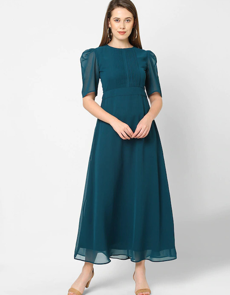 Women Teal Green Pleated Maxi Dress