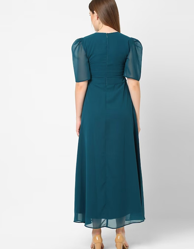 Women Teal Green Pleated Maxi Dress