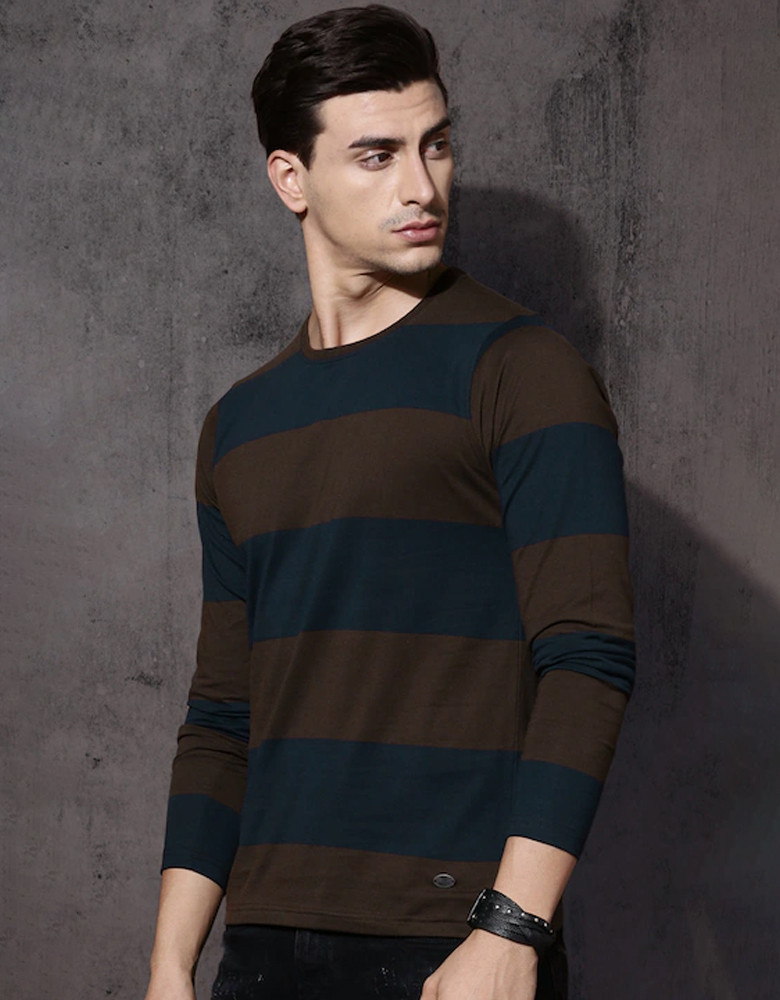 Men Brown Striped Round Neck Pure Cotton T-shirt