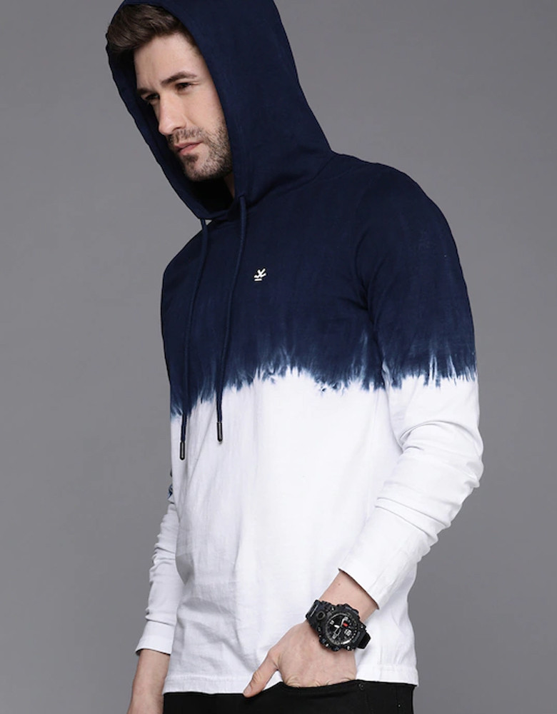 Men Navy Blue White Colourblocked Slim Fit Hooded Pure Cotton T-shirt