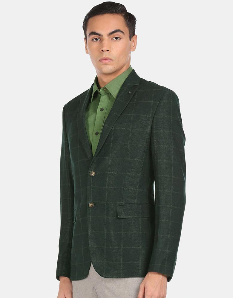 Men Green Checked Single Breasted Blazer