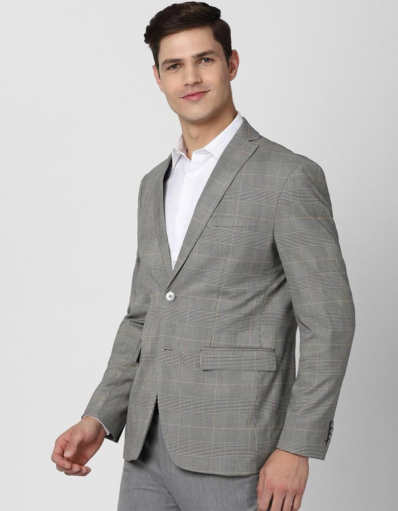 Men Grey Checked Slim-Fit Single Breasted Blazer