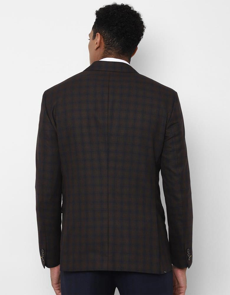 Men Brown & Navy Blue Checked Slim-Fit Formal Blazer