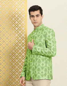 Men Lime Green Ethnic Motifs Printed Linen Bandhgala Ethnic Blazer