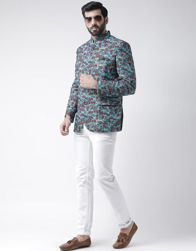 Men Blue Printed Bandhgala Blazer