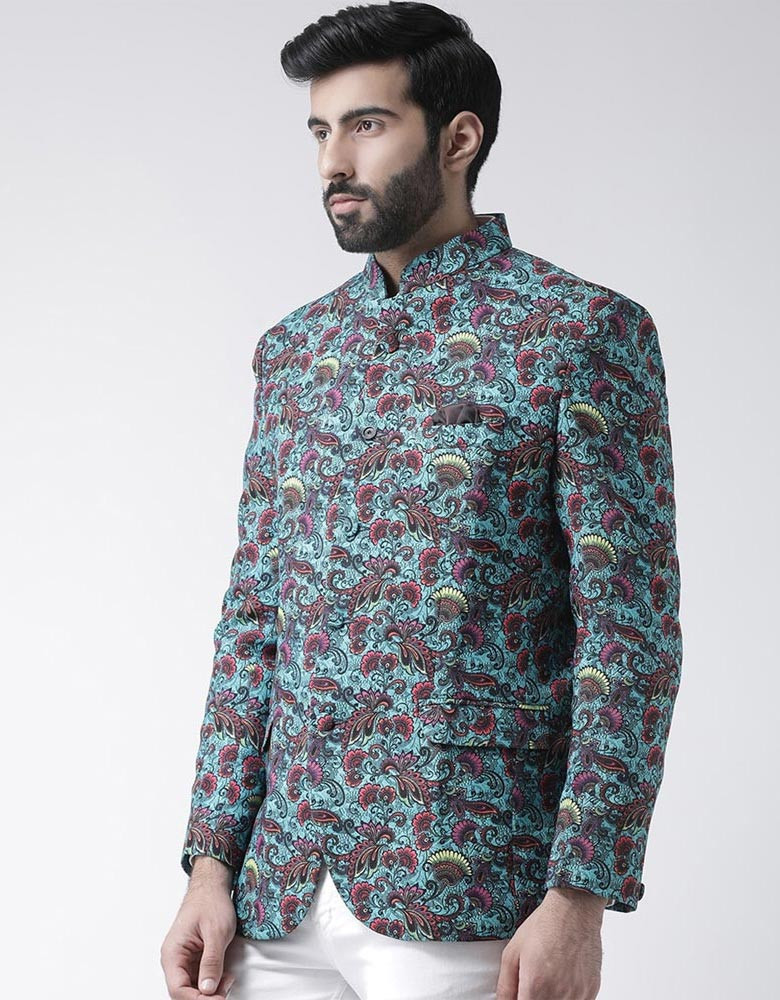 Men Blue Printed Bandhgala Blazer