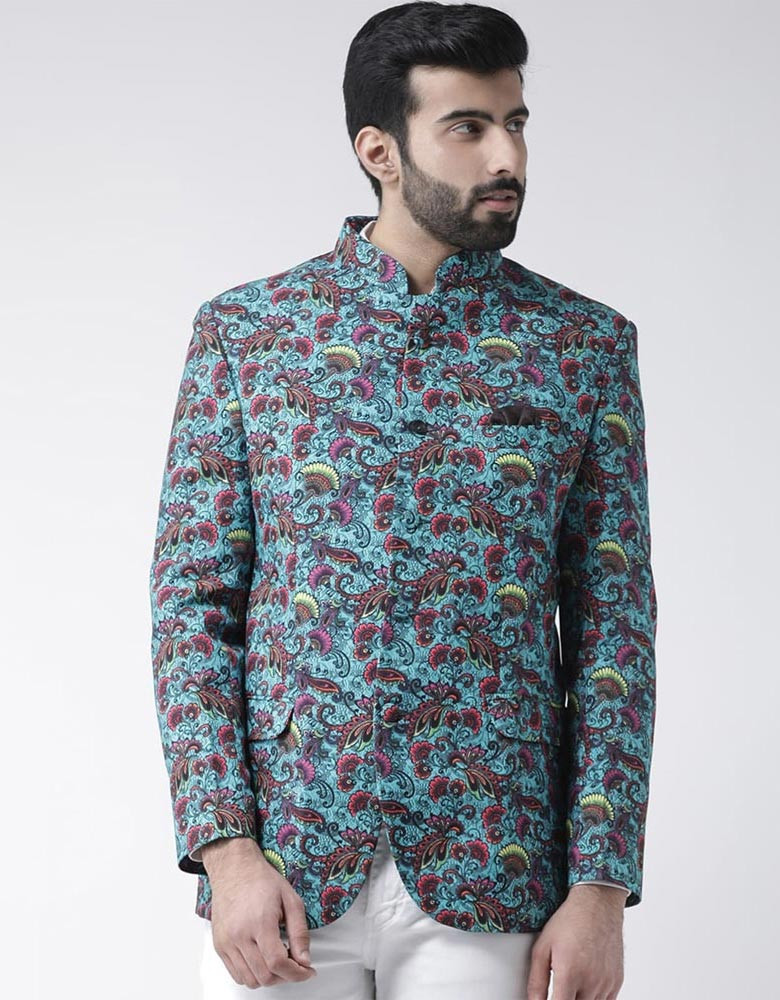 Men Blue Printed Bandhgala Blazer