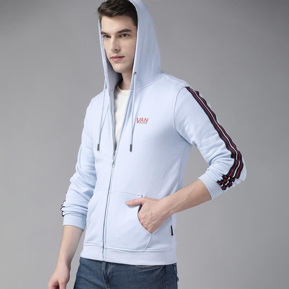 Men Blue Solid Hooded Sweatshirt