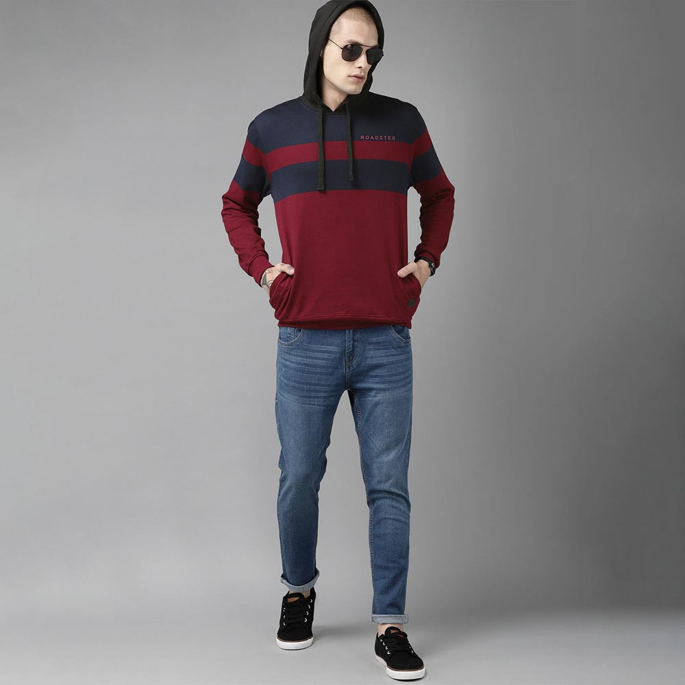 The Lifestyle Co Men Burgundy & Navy Blue Striped Hooded Sweatshirt