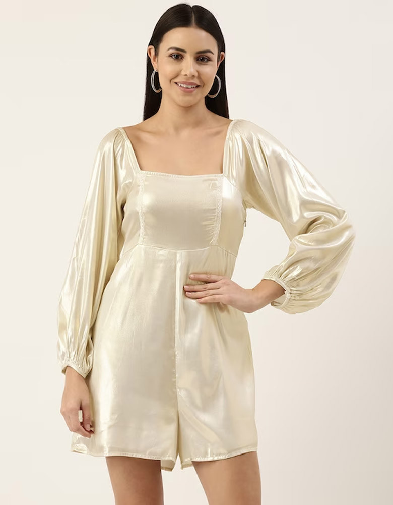 Women Beige Solid Satin Long Sleeves Basic Jumpsuit