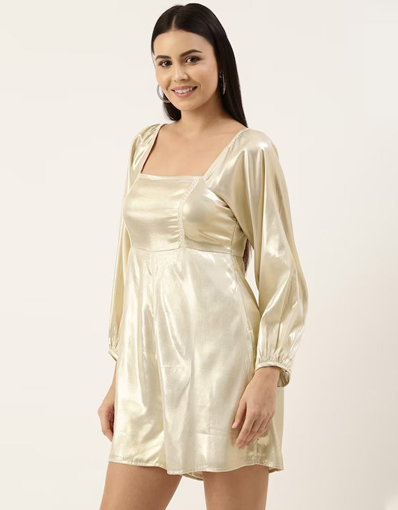 Women Beige Solid Satin Long Sleeves Basic Jumpsuit