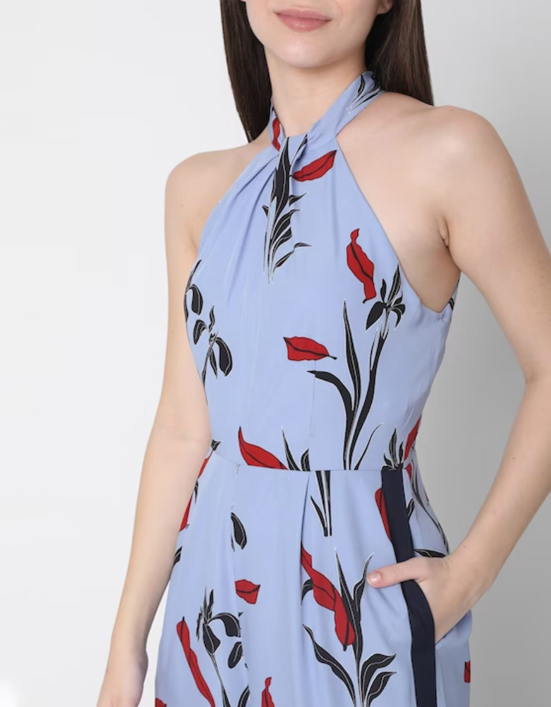 Women Blue Floral Print Halter Neck Jumpsuit