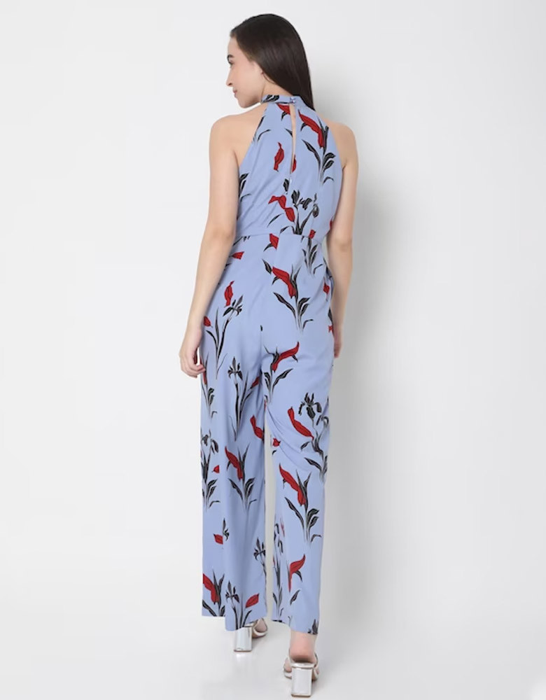 Women Blue Floral Print Halter Neck Jumpsuit