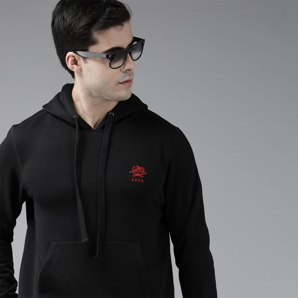 Men Black Solid Hooded Sweatshirt