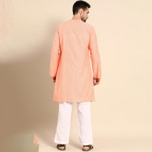 Men Peach-Coloured & White Woven Design Pure Cotton Angrakha Kurta with Trousers